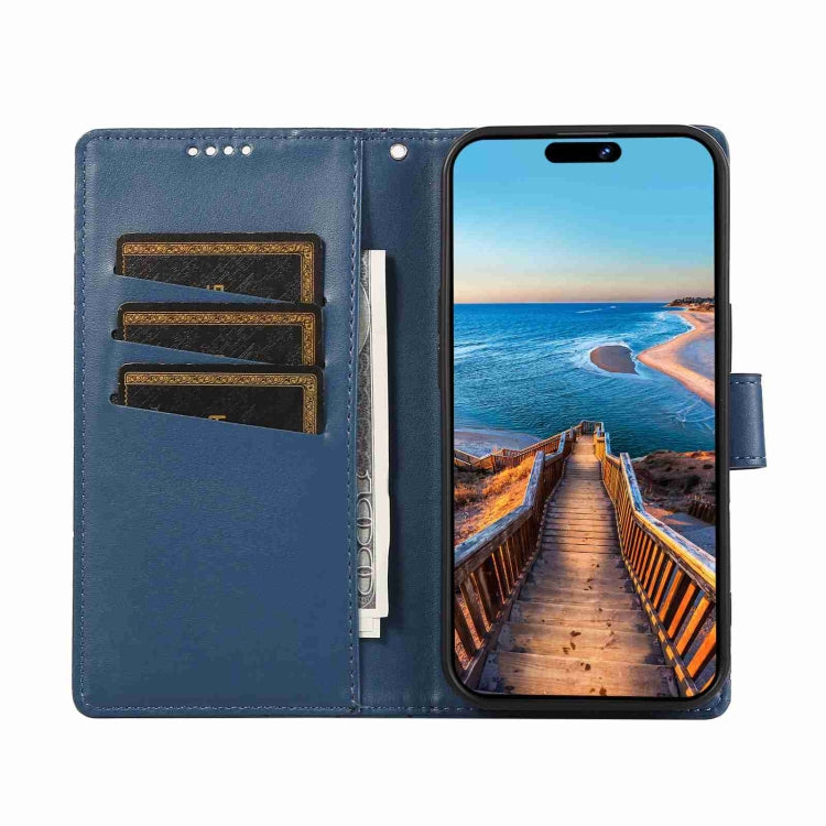 For iPhone 14 PU Genuine Leather Texture Embossed Line Phone Case in black with card slots and wrist strap, showcasing its stylish design and functionality.
